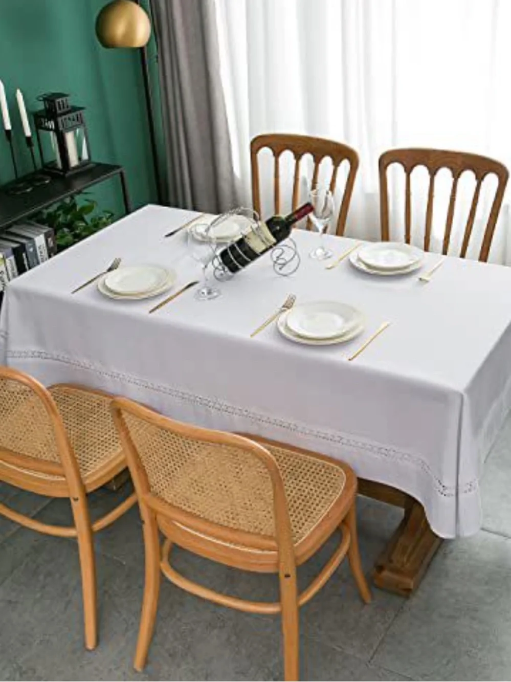 NEW EHouseHome Heavy Duty Fabric Tablecloth W/Lace. Wrinkle/Stain Resistant